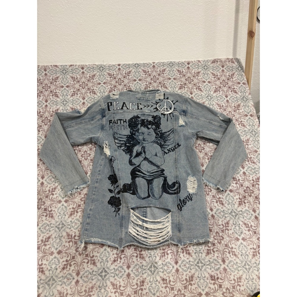 Victorious Mens Light Wash Distressed Graphic Denim Jacket Angel Peace Large M